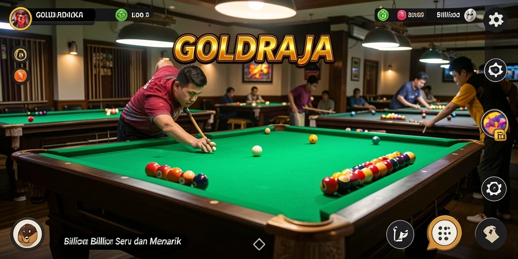Antarmuka game GOLDRAJA menampilkan meja billiard yang realistis.