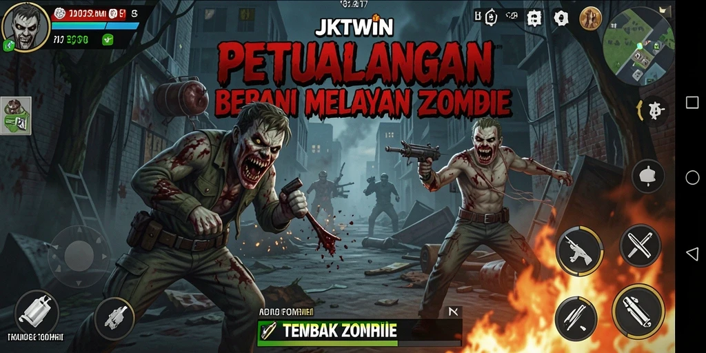 Screenshot JKTWIN menunjukkan aksi menembak zombie yang mendebarkan.
