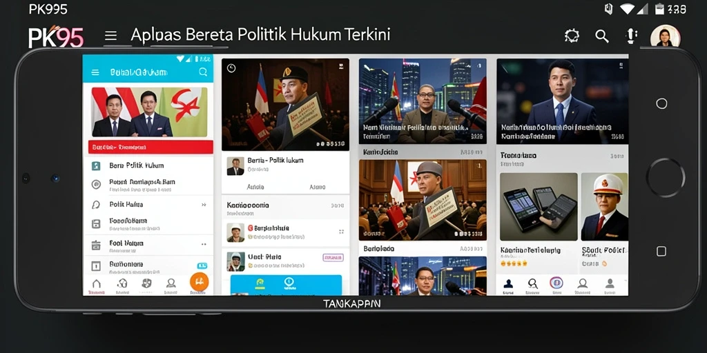 Antarmuka aplikasi PK95 menampilkan berita terbaru tentang politik dan hukum.
